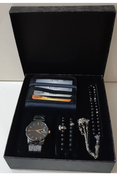 renkli çiçekler Erkek Saat Erkek Kol Saati Cüzdan Tesbih Bileklik Set - 2