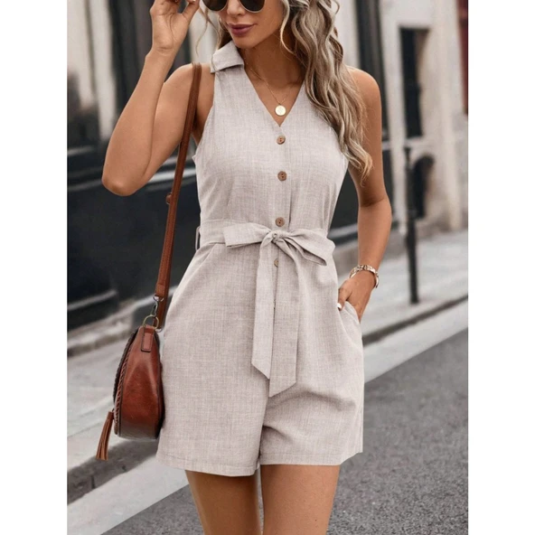 Lucky Life Kadın Sıfır Kollu Yakalı Düğmeli Belden Kuşaklı Kısa Keten Tulum - 3