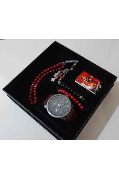 renkli çiçekler Erkek Saat Erkek Kol Saati Çakmak Tesbih Bileklik Set - 3