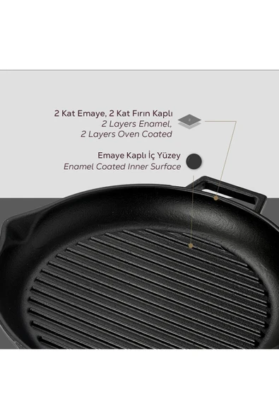 Lava Döküm Yuvarlak Izgara Tavası Döküm Demir Yekpare Çift Kulplu Çap30cm. - Resim 6