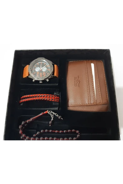 renkli çiçekler Erkek Saat Erkek Kol Saati Tesbih Bileklik Kartlık Set - 4