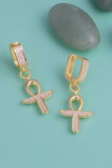 Gümüş Pazarım Altın Kaplama 925 Ayar Gümüş Ankh Sembol Küpe - 4