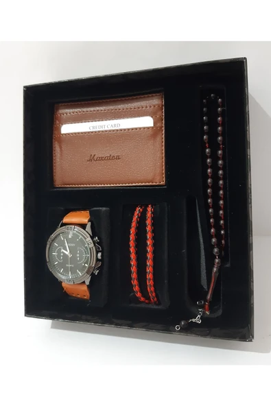 renkli çiçekler Erkek Saat Erkek Kol Saati Tesbih Bileklik Kartlık Set - 3