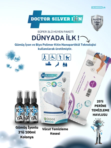 Gümüş İyonlu 3'lü Hijyen Seti , Kolonya + Vücut Temizleme Kesesi + 25'li Perine Mendili ürün görseli