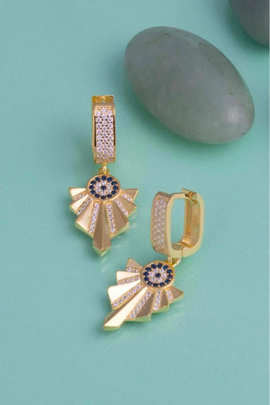 Gümüş Pazarım Özel Tasarım Altın Kaplama Nazar Boncuklu Gümüş Küpe - Resim 4