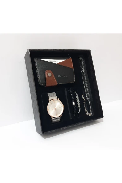 renkli çiçekler Erkek Saat Erkek Kol Saati Kartlık Bileklik Tesbih Set - 5