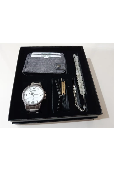 renkli çiçekler Erkek Saat Cüzdan Tesbih Kartlık Bileklik Set Erkek Kol Saati