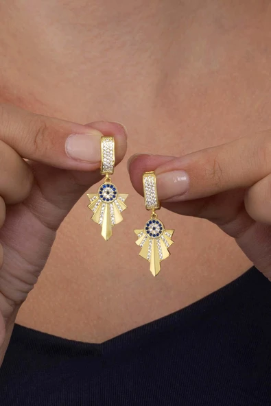 Gümüş Pazarım Özel Tasarım Altın Kaplama Nazar Boncuklu Gümüş Küpe - Resim 3