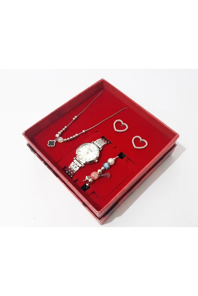 renkli çiçekler Kadın Saat Kolye Küpe Bileklik Set Kadın Kol Saati
