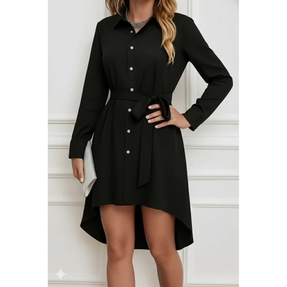 Lucky Life Kadın Uzun Kollu ön Kısım Kısım Arka Kısım Uzun Trikoton Gömlek Elbise - 3