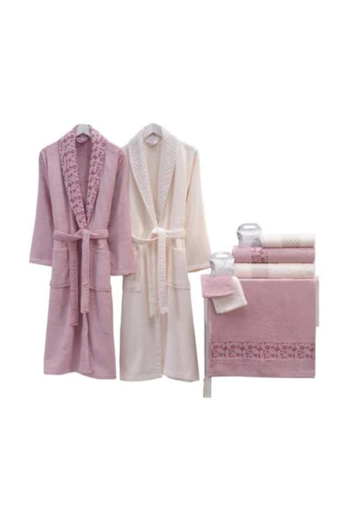 Nurpak Yıldız Bambu Aile Bornoz Seti (10 Parça) Krem-mürdüm Nrpk000565