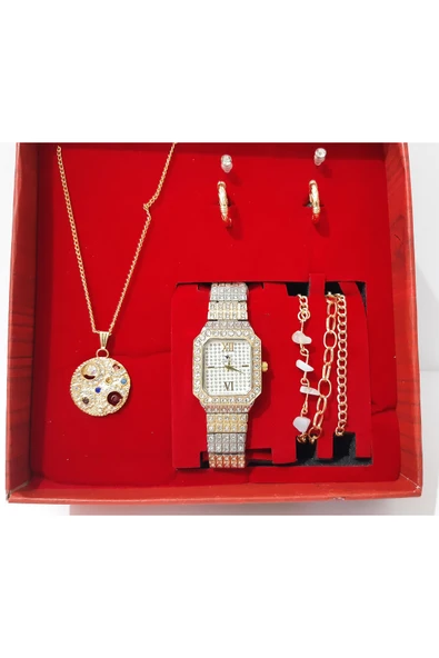 renkli çiçekler Kadın Saat Kadın Kol Saati Küpe Kolye Bileklik Takı Set - 4