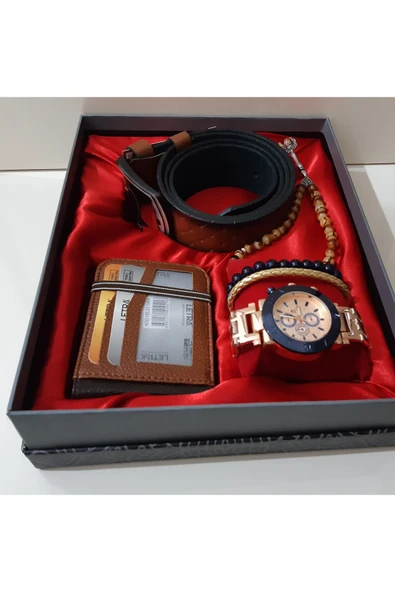 renkli çiçekler Erkek Saat Erkek Kol Saati Cüzdan Kemer Tesbih Bileklik Set - 5