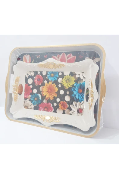 renkli çiçekler Çay Tepsi 42x32x4 CM ve 37x26.5 CM 2 Li Desenli Plastik Dikdörtgen Çay Kahve Tepsisi Servis Tepsi - Resim 2