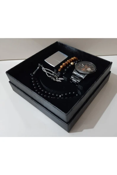 renkli çiçekler Erkek Saat Erkek Kol Saati Çakmak Tesbih Bileklik Set - 4