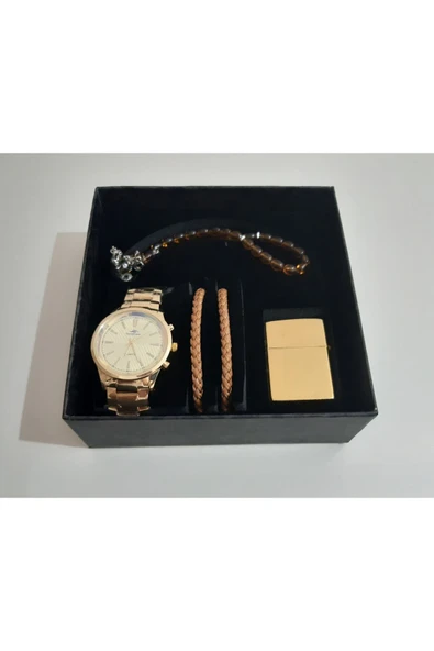 renkli çiçekler Erkek Saat Erkek Kol Saati Çakmak Tesbih Bileklik Set - 4