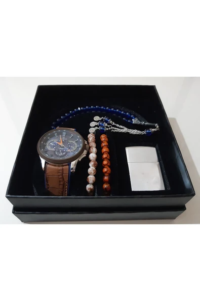 renkli çiçekler Erkek Saat Erkek Kol Saati Çakmak Tesbih Bileklik Set - 4
