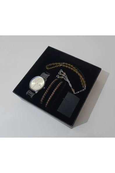 renkli çiçekler Erkek Saat Erkek Kol Saati Çakmak Tesbih Bileklik Set - 3