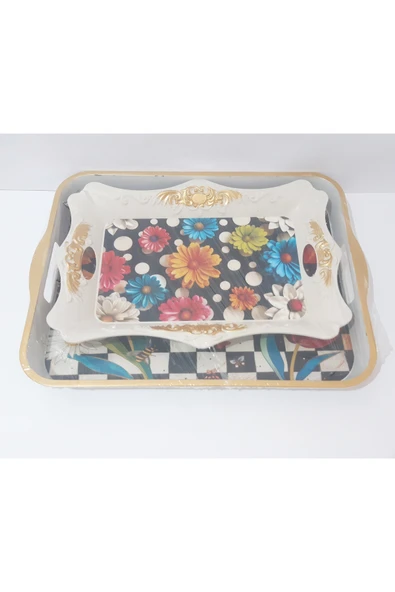 renkli çiçekler Çay Tepsi 42x32x4 CM ve 37x26.5 CM 2 Li Desenli Plastik Dikdörtgen Çay Kahve Tepsisi Servis Tepsi - Resim 4