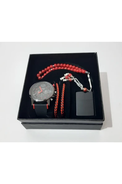 renkli çiçekler Erkek Saat Erkek Kol Saati Çakmak Tesbih Bileklik Set - 6