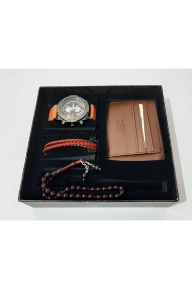renkli çiçekler Erkek Saat Erkek Kol Saati Tesbih Bileklik Kartlık Set - 3