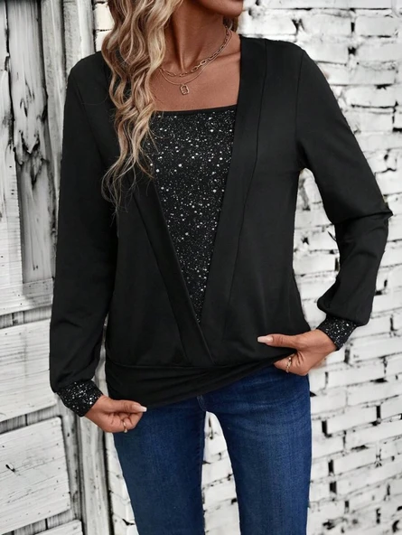 Lucky Life Kadın Uzun Kollu V Yakalı Içi Süprem Desenli Dışı Viskon Bluz - Resim 7