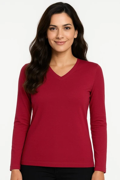 Hermevsim Kadın Bade V Yaka Dar Kalıp Koyu Kırmızı Penye Bluz ürün görseli 1