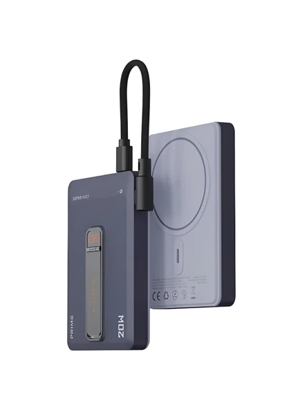 5000mAh 20W Hızlı Şarj Kablosuz Magsafe Powerbank Type-C Kablolu/Girişli Standlı Siyah - Resim 3