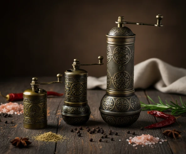 LUDIA Zamak Metal Antik Renk 3 lü Set Karabiber,Kahve,Çörek Otu El Değirmeni Öğütücü Grinder