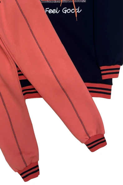 Kız Çocuk Kapüşonlu Papatya Nakışlı Taş Süslemeli 3 İplik Alt- Üst Takım 12323 - Resim 5