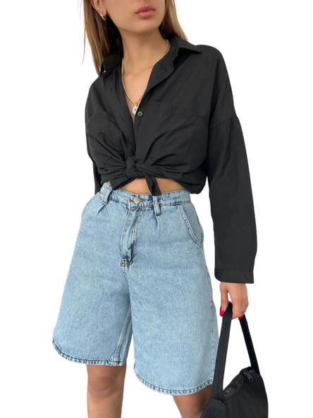 Rahat Kesim Denim Şort Çift Cepli