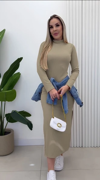 Lucky Life Kadın Uzun Kollu Balıkçı Yakalı Yanlardan Yırtmaçlı Kaşkorse Maxi Elbise - Resim 3