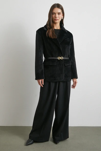 Kemerli Tay Flock Ceket Siyah - 2