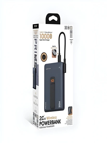 10000mAh 20W Hızlı Şarj Kablosuz Magsafe Powerbank Type-C Kablolu/Girişli Standlı Siyah - Resim 4
