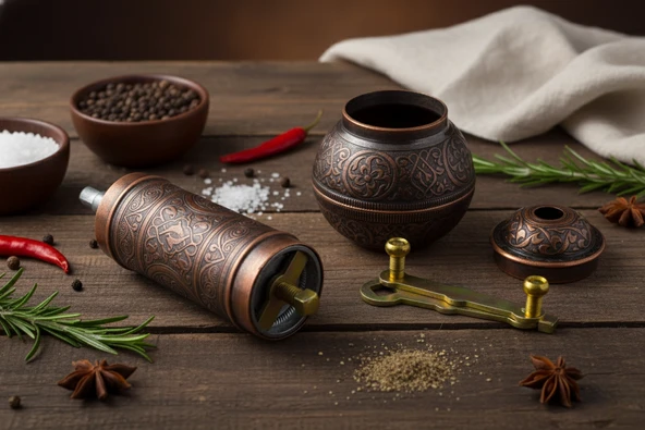 LUDIA Zamak Metal Bakır Renk 3 lü Set Karabiber,Kahve,Çörek Otu El Değirmeni Öğütücü Grinder - 5