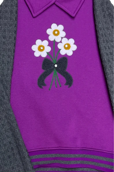 Kız Çocuk Papatya Nakışlı Ribana Detaylı 3 İplik Alt- Üst Takım 12322 - Resim 9