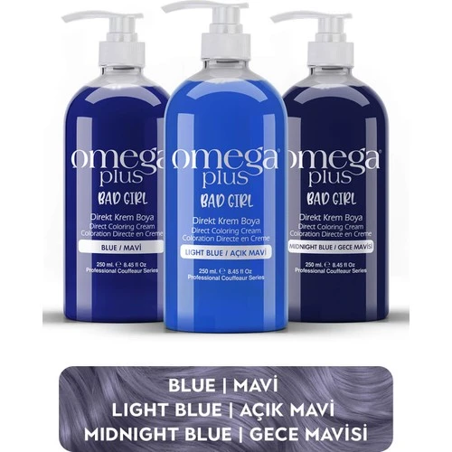 Omega Plus Bad Girl Mavi+Açik Mavi+Gece Mavisi Amonyaksız Renkli Saç Boyası Seti - Resim 2