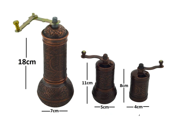 LUDIA Zamak Metal Bakır Renk 3 lü Set Karabiber,Kahve,Çörek Otu El Değirmeni Öğütücü Grinder - 6