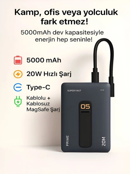 5000mAh 20W Hızlı Şarj Kablosuz Magsafe Powerbank Type-C Kablolu/Girişli Standlı Siyah - Resim 2