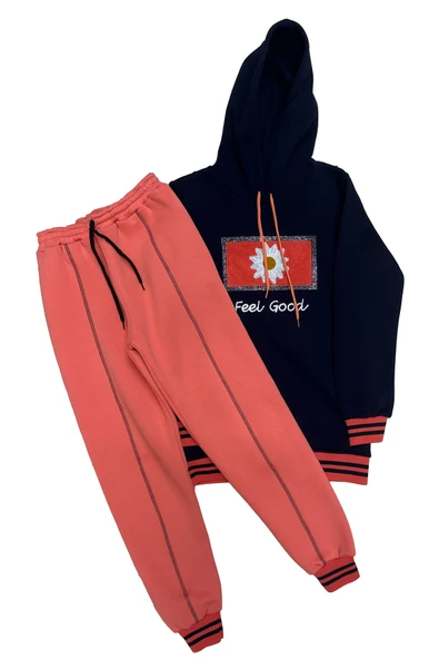 Kız Çocuk Kapüşonlu Papatya Nakışlı Taş Süslemeli 3 İplik Alt- Üst Takım 12323 ürün görseli