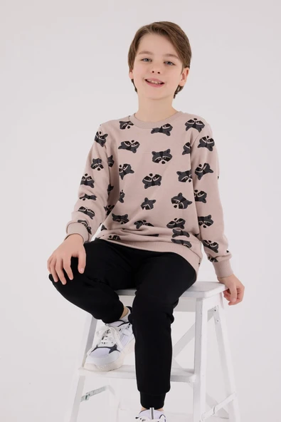 Roly Poly Erkek Çocuk Bej Desenli Pamuklu Uzun Kollu Eşofman Takım - 2