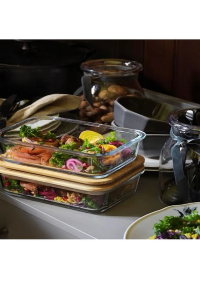 365+ Cam saklama kabı-bambu 1lt Dikdörtgen - Resim 2