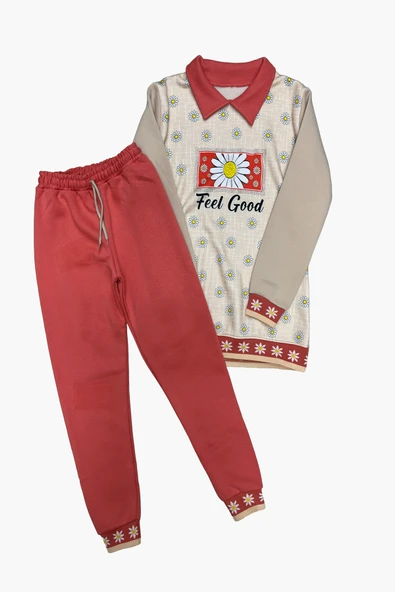 Kız Çocuk Papatya Baskılı Taş Süslemeli 3 İplik  Alt Üst Takım 12324 - Resim 3