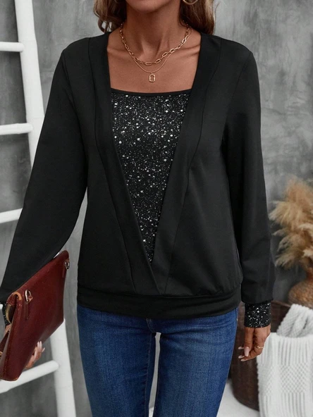 Lucky Life Kadın Uzun Kollu V Yakalı Içi Süprem Desenli Dışı Viskon Bluz - Resim 3