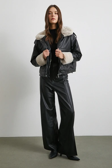 Körüklü Cep Deri Mont Siyah - Resim 3