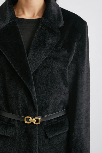 Kemerli Tay Flock Ceket Siyah - 5