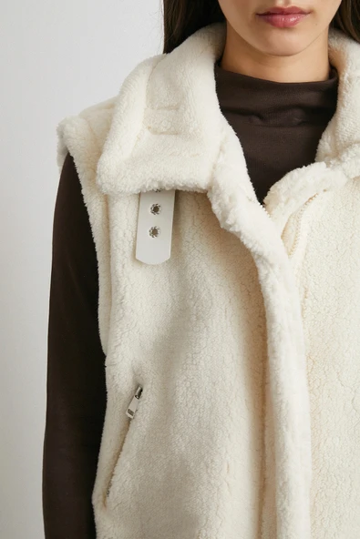 Yaka Detaylı Yumoş Yelek Ekru - Resim 5