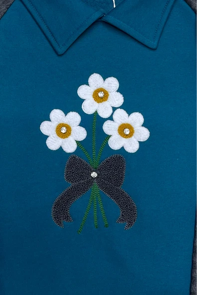 Kız Çocuk Papatya Nakışlı Ribana Detaylı 3 İplik Alt- Üst Takım 12322 - Resim 6