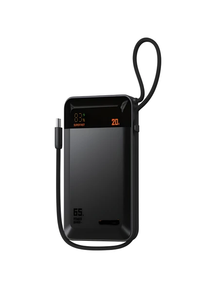 20000mAh 65W Hızlı Şarj Dijital göstergeli Type-C Kablolu/Girişli Askılı Powerbank Siyah - Resim 5