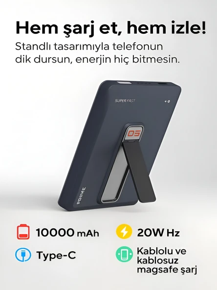 5000mAh 20W Hızlı Şarj Kablosuz Magsafe Powerbank Type-C Kablolu/Girişli Standlı Siyah - Resim 4